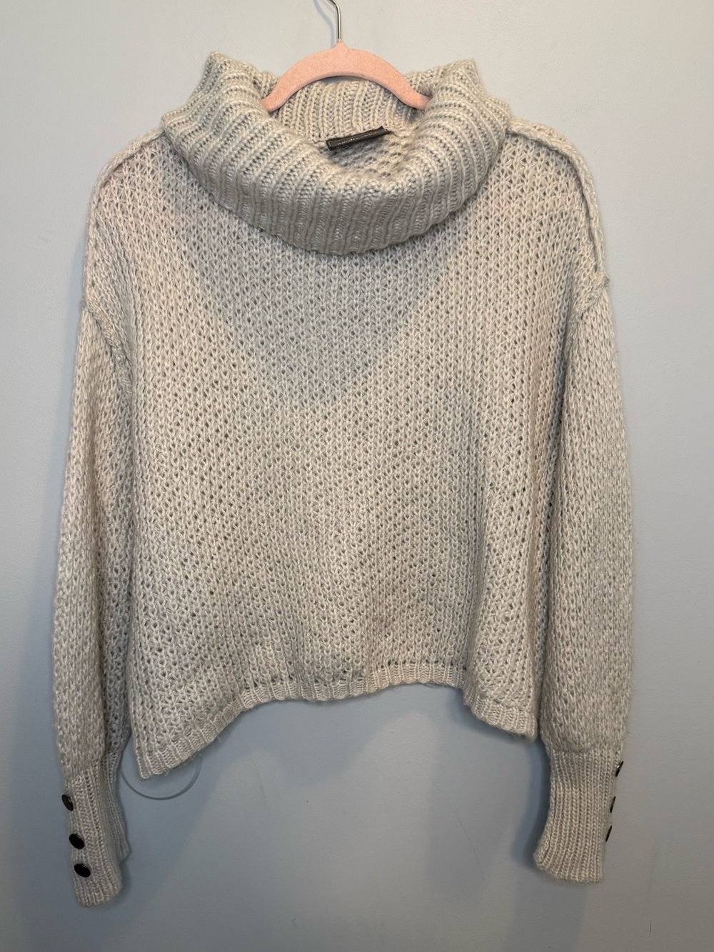 Wooden Ships Loose Knit Cowl Neck Button Cuff Cropped Sweater Cream Small